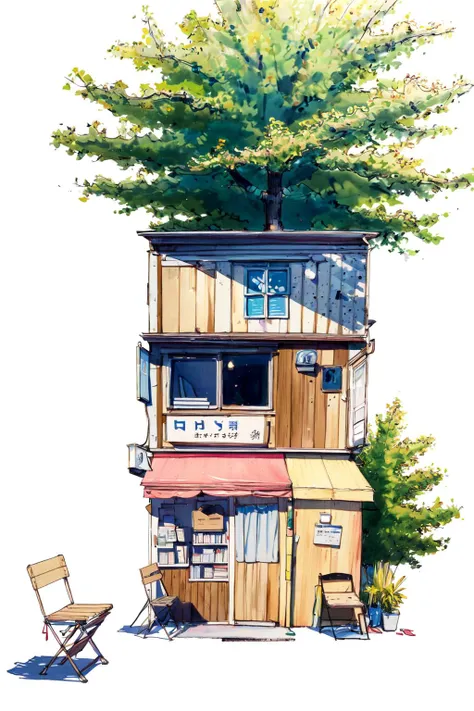 -Architectural marker painting, no humans, book, scenery, traditional media, white background, simple background, tree, box, pencil, door, open book, sign, painting \(medium\), plant, pen, paper, chair<lora:Architectural marker painting-000018:1>
