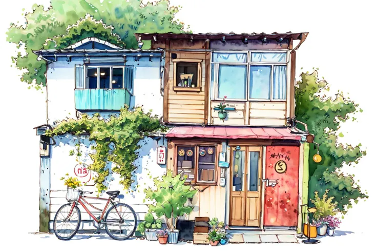 -Architectural marker painting, bicycle, no humans, plant, ground vehicle, scenery, door, window, traditional media, potted plant, watercolor \(medium\), white background, painting \(medium\), sign, outdoors<lora:Architectural marker painting-000018:1>