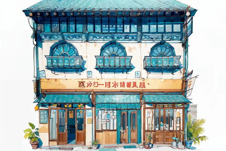 -Architectural marker painting, no humans, scenery, sign, window, building, shop, storefront, white background, air conditioner, architecture, plant, outdoors, door, east asian architecture, potted plant<lora:Architectural marker painting-000018:1>