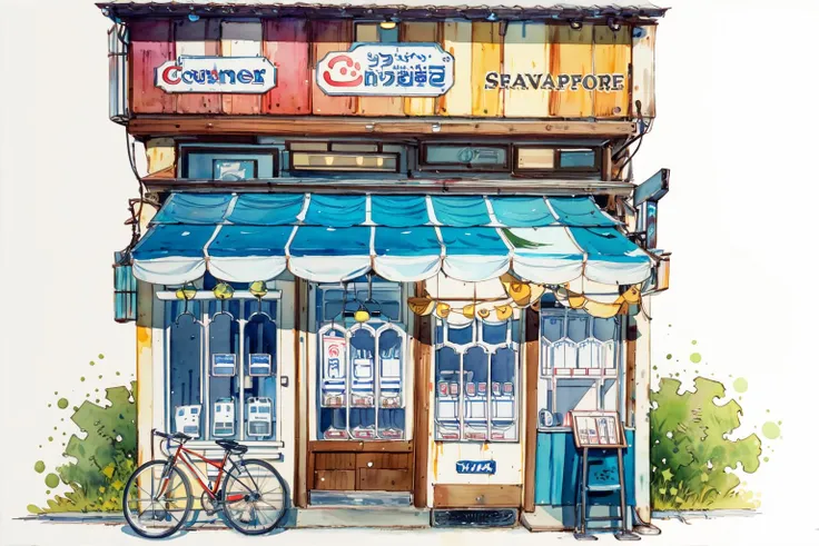 -Architectural marker painting, bicycle, no humans, scenery, ground vehicle, sign, white background, traditional media, outdoors, shop, door, painting \(medium\), simple background, plant, watercolor \(medium\), building, air conditioner, vending machine, storefront<lora:Architectural marker painting-000018:1>