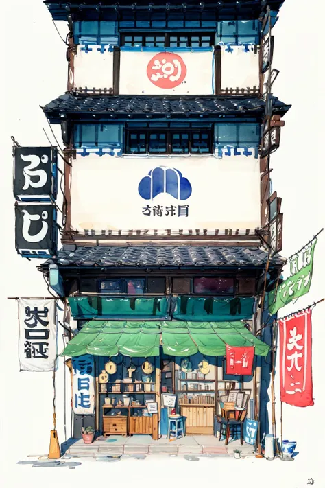Architectural marker painting,no humans,scenery,architecture,banner,east asian architecture,traditional media,white background,painting \(medium\),sign,watercolor \(medium\),building,chinese text,chair,simple background,table,
<lora:Architectural marker painting-000018:1>,