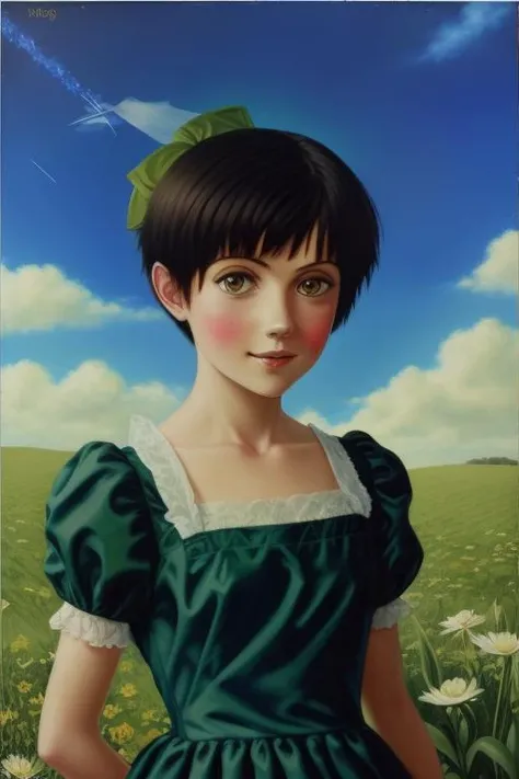 <lora:lostgirls:1>, lostgirls, a painting of  the wonderful word of OZ, blue sky,  emerald green dress, short hair