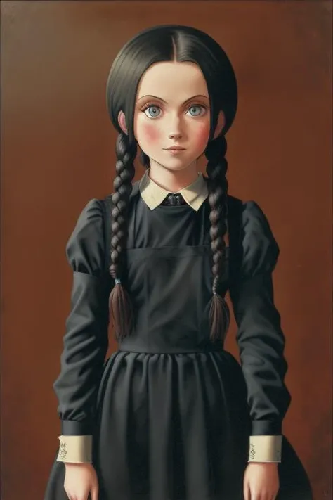 <lora:lostgirls:1>, lostgirls, a painting of a teenage girl with braids, wednesday addams,