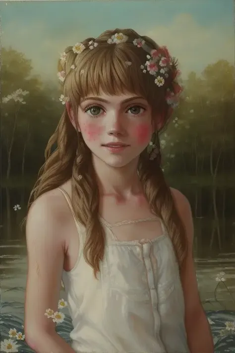 <lora:lostgirls:1>, lostgirls, a painting of a teenage girl with flowers in her hair, water