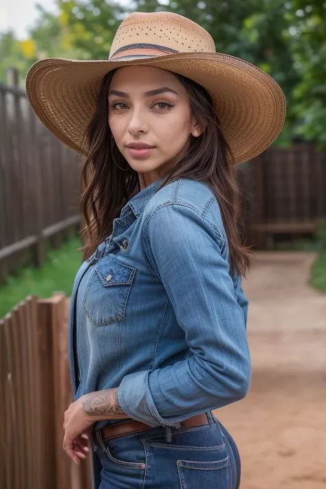 Merger_myefka_walcia
country beauty posing against a wooden fence with a plaid shirt and jeans and a cowboy hat, cow girl, country girl, cow girl,
bokeh, f1.4, 40mm, photorealistic, raw, 8k, textured skin, skin pores, intricate details  <lora:epi_noiseoffset2:1>, epiCRealism <lora:detail_slider_v4:1.0>  <lora:ClothingAdjuster3:-0.8>