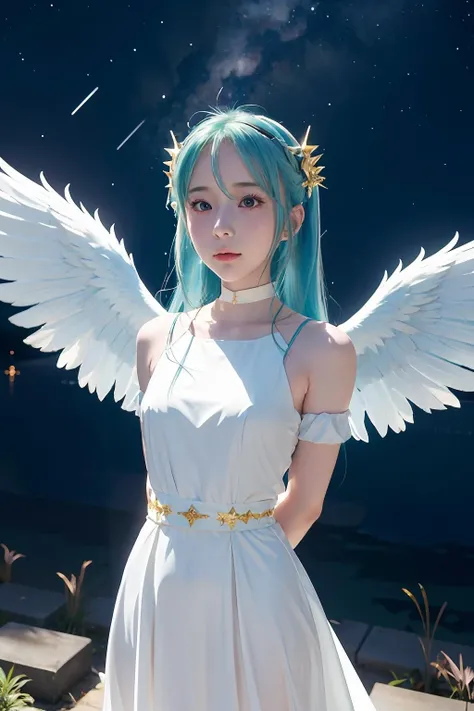 (anime coloring, anime screencap, ghibli, mappa, anime style), 1girl, hatsune miku, white gown, angel, angel wings, golden halo, dark background, upper body, (closed mouth:1.2), looking at viewer, arms behind back, blue theme, stars, starry night  <lora:supassra_sp-02:1>