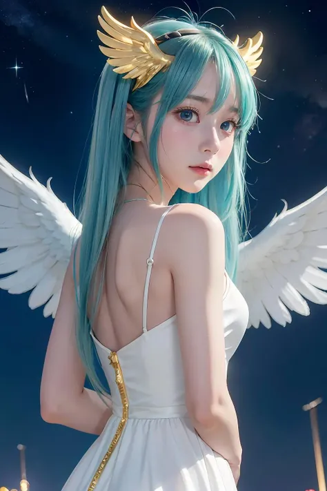 ​masterpiece, top-quality, in 8K, realperson, 逼真, Highly detailed CG, shinny skin, Fully Focused, blue-sky, ((Floating in the air)), The Glory of God, (( Angel)), (fullnude), white feathers dance, Full body like