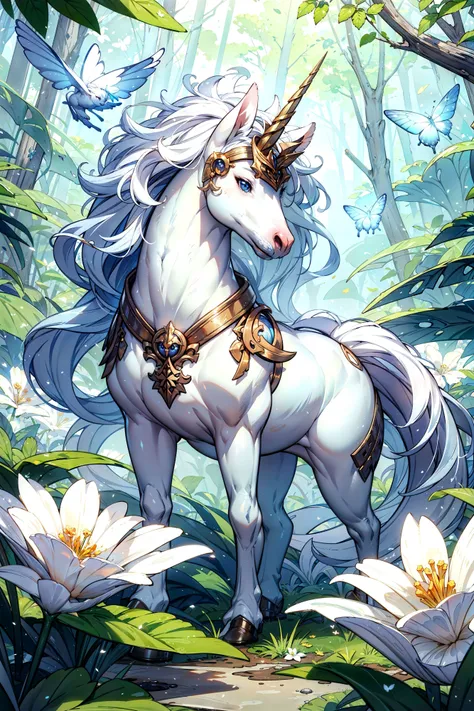 (Masterpiece:1.3), (best quality:1.2), unicorn, fantasy, forest, butterflies, flowers, <lora:Unicorns_Sophorium:0.9>
