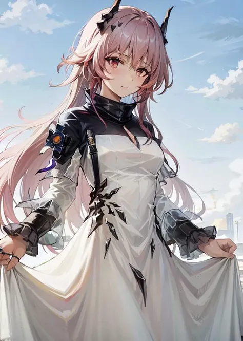 1girl,horns,theresahead,theresa,cowboyshot,white dress