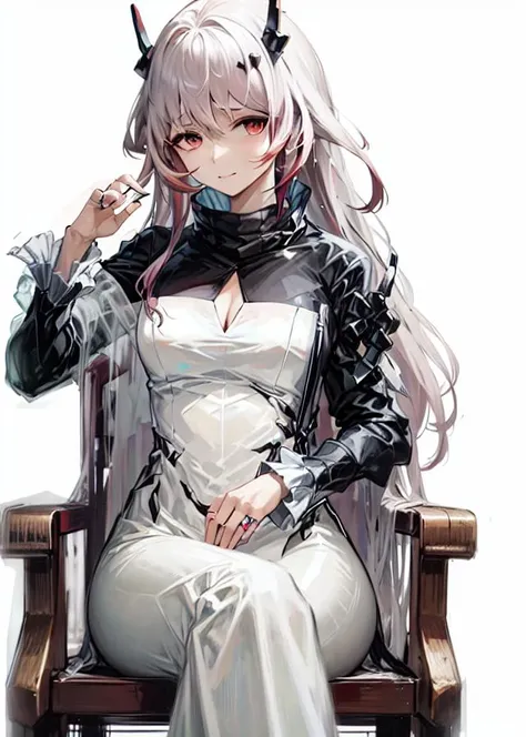 1girl,horns,theresahead,cowboyshot,theresa,,sitting,crossed legs, chair,white long dress