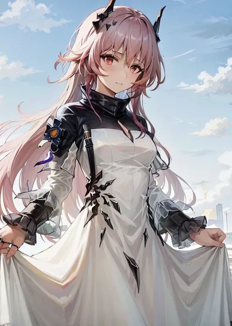 1girl,horns,theresahead,theresa,cowboyshot,white dress
