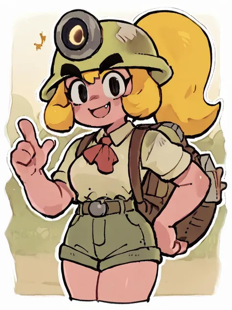 goombella, thick eyebrows, 1girl, pink skin, helmet,blonde hair,fang,outdoors,shorts, ponytail, score_9, score_8_up, score_7_up, score_6_up, score_5_up, score_4_up <lora:Goombella_PDXL:1> <lora:PaperPeachPony1.0:1> , solid oval eyes, white outline,, smile, outdoors, looking at viewer, hand on own hip,