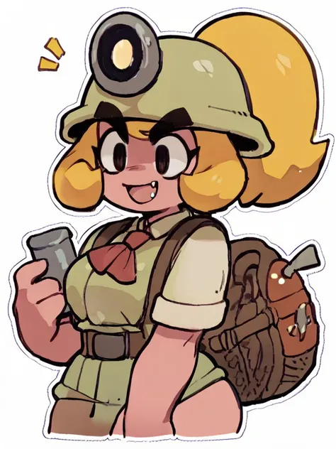 goombella, thick eyebrows, 1girl, pink skin, helmet,blonde hair,fang,outdoors, ponytail, score_9, score_8_up, score_7_up, score_6_up, score_5_up, score_4_up <lora:Goombella_PDXL:1> <lora:PaperPeachPony1.0:1> , solid oval eyes, white outline,