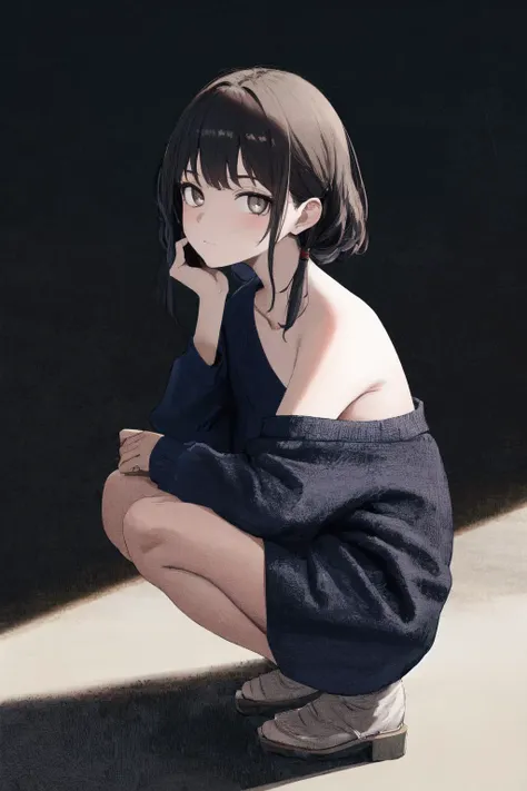 masterpiece, best quality, highres, 1girl single bare shoulder, squatting, from side, looking at viewer
<lora:single_bare_shoulder_24re_d16:1>