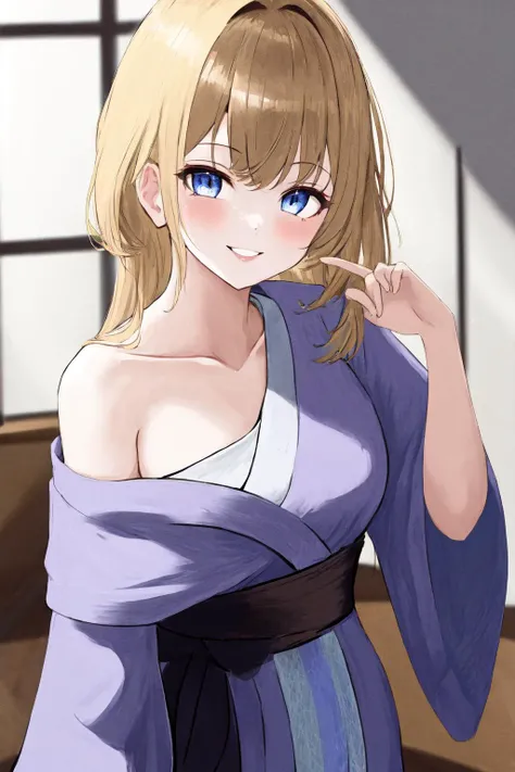 masterpiece, best quality, highres, 1girl single bare shoulder kimono, smile
<lora:single_bare_shoulder_24re_d16:1>