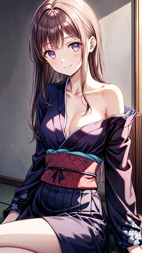 masterpiece,best quality,highres,illustration,hyper detailed,8k cg wallpaper,ray tracing,((brown hair:1.2)),purple eyes:1.2,((long hair:1.2)),((straight hair:1.3)),medium breasts,(hiten1:0.8),<lora:add_detail:1>,single bare shoulder,<lora:single_bare_shoulder_24re_d16:1>,light smile,closed mouth,((kimono:1.2)),sitting,((obi:1.1)),