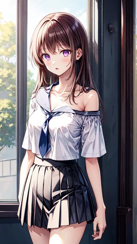 masterpiece,best quality,highres,illustration,hyper detailed,8k cg wallpaper,ray tracing,((brown hair:1.2)),((purple eyes:1.2)),((long hair:1.2)),((straight hair:1.3)),medium breasts,(hiten1:0.8),<lora:add_detail:1>,single bare shoulder,cowboy shot,<lora:single_bare_shoulder_24re_d16:1>,sailor collar,white shirt,single bare shoulder collared shirt,short sleeves,bra strap,pleated skirt,