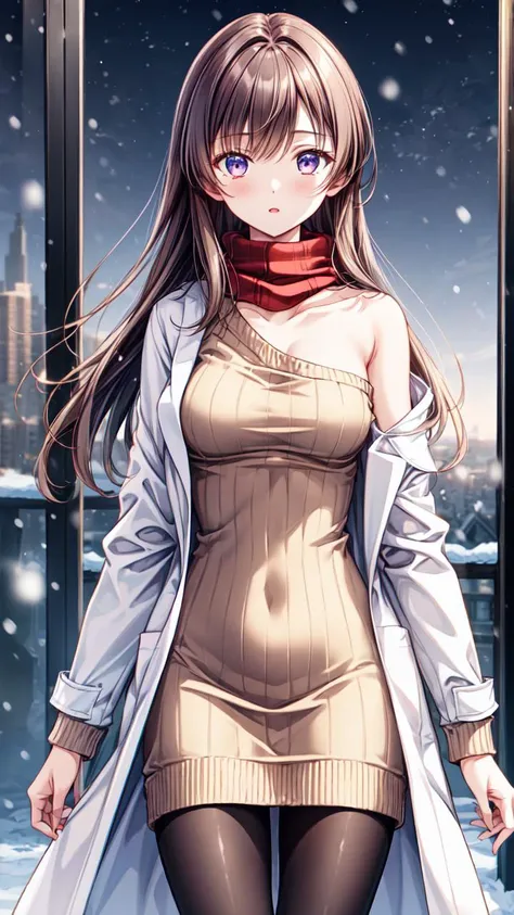 masterpiece,best quality,highres,illustration,hyper detailed,8k cg wallpaper,ray tracing,((brown hair:1.2)),purple eyes:1.2,((long hair:1.2)),((straight hair:1.3)),medium breasts,(hiten1:0.8),<lora:add_detail:1>,single bare shoulder,<lora:single_bare_shoulder_24re_d16:1>,((brown sweater dress:1.2)),((ribbed sweater:1.1)),short sleeves,((white coat:1.2)),((open coat:1.2)),((single bare shoulder coat:1.2)),((black pantyhose:1.1)),(snowing:1.2),(outdoors:1.1),(night:1.2),(red scarf:1.1),cowboy shot,