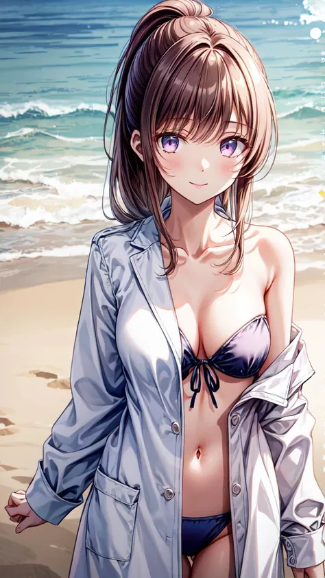 masterpiece,best quality,highres,illustration,hyper detailed,8k cg wallpaper,ray tracing,((brown hair:1.2)),purple eyes:1.2,((long hair:1.2)),((straight hair:1.3)),medium breasts,(hiten1:0.8),<lora:add_detail:1>,single bare shoulder,<lora:single_bare_shoulder_24re_d16:1>,bikini,front-tie bikini top,cleavage,side-tie bikini bottom,white coat,((single bare shoulder coat:1.2)),beach,ponytail,light smile,closed mouth,