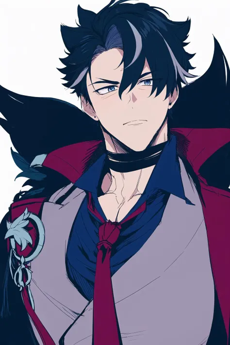 1boy, solo, male focus, manly, wriothesley, black hair, multicolored hair, short hair, blue eyes, collared shirt, red necktie, jewelry, choker, black fur-trimmed coat on shoulders, sleeves rolled up, <lora:Wriothesley:1>
simple background
detailed beautiful eyes, perfect body, [nsfw:0.88]
(detailed light), (an extremely delicate and beautiful), volume light, best shadow,cinematic lighting, Depth of field,
eta, <lora:boldline:-0.6> <lora:eta_v1:1>