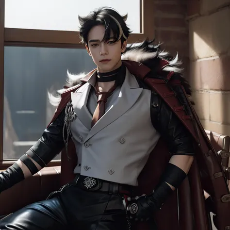 1boy, bangs, multicolored hair, black hair, white hair, hair between eyes, animal ears, soft smile, leather gloves, fur-trimmed coat, leather coat, badge, double-breasted, leather vest, leather collar, jewelery, leather necktie, leather shirt, leather belt, leather pants, tight-fitting suit, <lora:OnlyCocks_v1.0:0.5>, penis, erection, depth of field, gorgeous background, formal, indoors, looking at viewer, male focus, solo, masterpiece, best quality, high quality, detailed hair, detailed face, detailed skin, realistic <lora:GIWriothesley_v1.0:1>