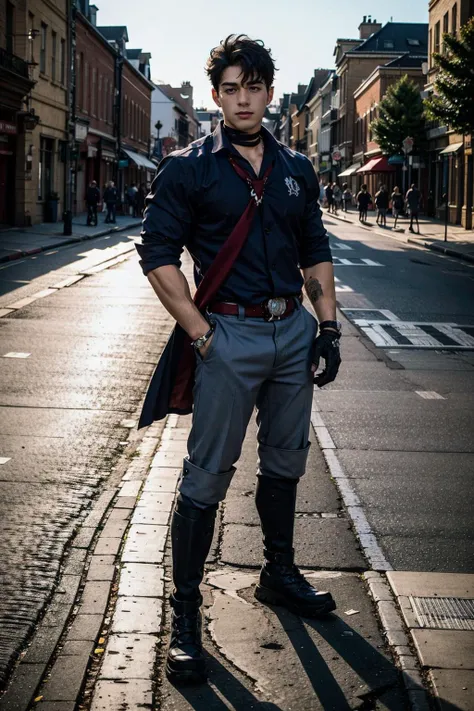 handsome wiorethesley, 1boy, sunburn, big bare shoulders, muscular guy, facial hair, beard, sharp focus, extra wide-range, full body, big biceps, look looking at viewer, <lora:bababruno_36450:1>, bababruno person, <lora:Wriothesley:1>, wriothesley, medieval background, multicolored hair, black hair, white hair, hair between eyes, collared shirt, red necktie, jewelry, black gloves, choker, black belt, black coat, boots, grey pants, sleeves rolled up, jacket, white line hair, facial hair, white hightlight,, (masterpiece,best quality:1.5)