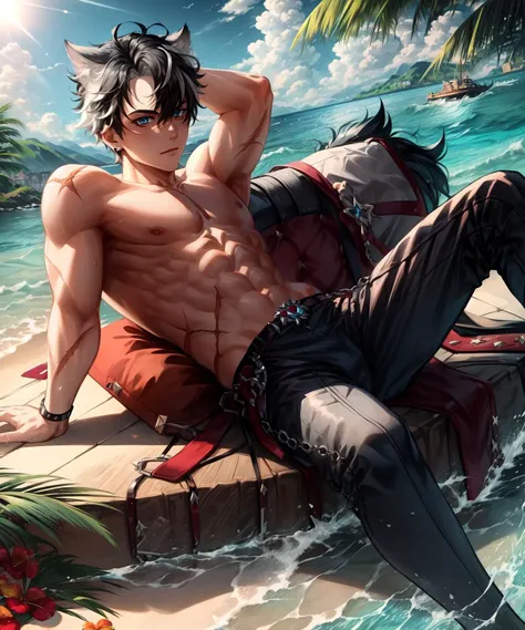 crotch bulb, dutch angle,
masterpiece, best quality,(((topless male))), scar,   <lora:Wriothesley:0.9> wriothesley, 1boy, black hair, multicolored hair, short hair, blue eyes, jewelry,black belt,grey pants,animal ears, <lora:1more_details:0.5>,beach, palms, sea,sand, tropical island background, <lora:CosmicEyes:0.8> CosmiEyes,eyelashes,