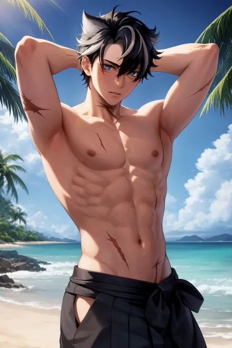 masterpiece, best quality, 1boy, wriothesley, black hair, multicolored hair, short hair, blue eyes, topless male, hakama, scar, hand behind head, sea, sand, tropical island background <lora:Wriothesley:1>