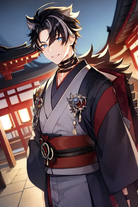 masterpiece, best quality, 1boy, wriothesley, black hair, multicolored hair, short hair, blue eyes,  choker, japanese clothes, kimono, male focus, smile,  night, japanese temple background  <lora:Wriothesley:1>