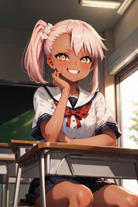 masterpiece,best quality,1girl,dschloe,pink hair,side ponytail,yellow eyes,dark skin,dark-skinned female,school uniform,grin,hand to own mouth,sitting on desk,classroom,cowboy shot,from below,<lora:last:0.9>,<lora:MESUGAKI_TEST2:0.8>,