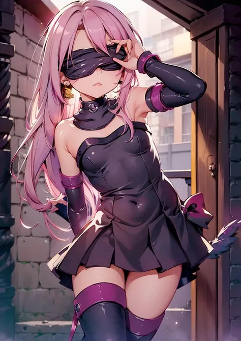 (1girl :1.4), masterpiece,best quality,solo, dschloe, pink hair, side ponytail, yellow eyes, dark-skinned female <lyco:dschloe_lc_768:0.7>,,<lora:GoodHands-beta2:1.3><lora:illya22outfits:0.7>((RiderInstall, Medusa's Outfit, blind fold):1.2), indoor,