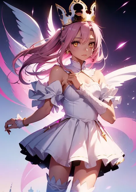 (1girl :1.4), masterpiece,best quality,solo, dschloe, pink hair, side ponytail, yellow eyes, dark-skinned female <lyco:dschloe_lc_768:0.7>,,<lora:GoodHands-beta2:1.3><lora:illya22outfits:0.7>((>DressofHeaven, HolyGrail Clothing, white dress, white thighhigh)),ancient tokyo street, light bub ,lamp