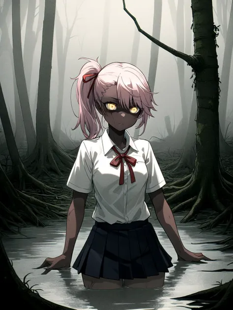 masterpiece, best quality, 1girl, solo, dschloe, pink hair, side ponytail, yellow eyes, dark-skinned female, homurahara academy school uniform, white collared shirt, red ribbon, pleated skirt, school uniform, Decayed Swamp,Rotting vegetation, murky and dirty water, twisted trees, eerie atmosphere, detailed background
<lyco:dschloe_lc_768:1>