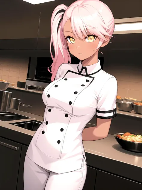 masterpiece, best quality, 1girl, solo, dschloe, pink hair, side ponytail, yellow eyes, dark-skinned female, white chef uniform, pants, restaurant kitchen, detailed background, arms behind back
<lyco:dschloe_lc_768:1>