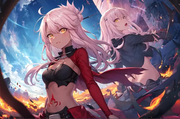 chloebase, pink hair, long hair, hair bun, hairpin, yellow eyes, dark-skinned female, long sleeves, stomach tattoo, midriff, waist cape, (dark skin, dark-skinned female:1.1), unlimited blade works, angry, holding sword
BREAK chiaroscuro, subsurface scattering, flames, arms behind back, ray tracing, god rays, caustics, reflection
BREAK mature, well-endowed
<lyco:dschloe_lc_768:1>