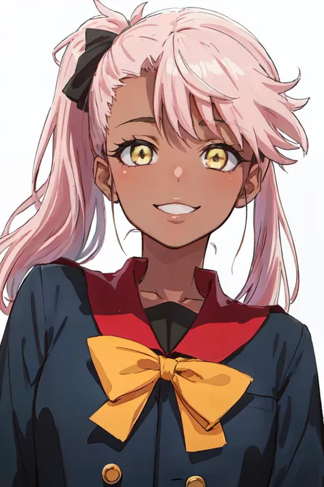 chloebase,dschloe <lyco:dschloe_lc_768:1.2>
pink hair, long hair, side ponytail, yellow eyes, dark skin, dark-skinned female, school uniform,
(best quality, masterpiece, RAW photo,ultra-detailed:1.2), <lyco:GoodHands-beta2:1.0>,1girl,solo,looking at viewer,smile,
from below,front view,
