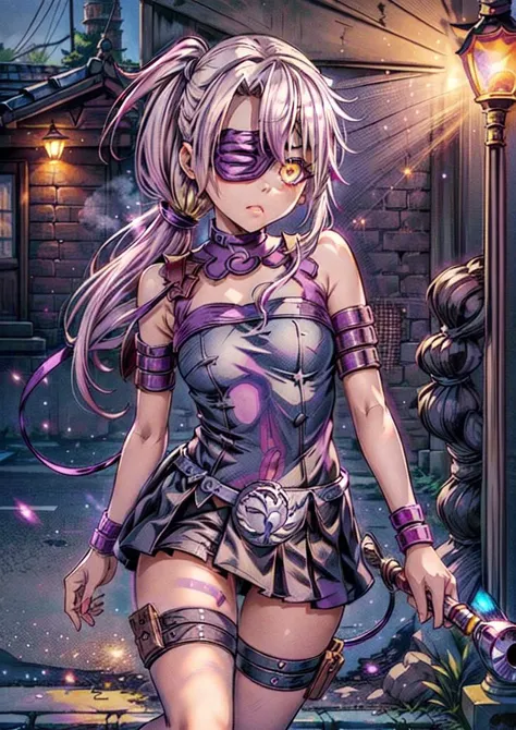(1girl :1.4), masterpiece,best quality,solo, dschloe, pink hair, side ponytail, yellow eyes, dark-skinned female <lora:dschloe_lc_768:0.7>,,<lora:GoodHands-beta2:1.3><lora:illya22outfits:0.7>((RiderInstall, Medusa's Outfit, blind fold):1.2),ancient tokyo street, light bub ,lamp