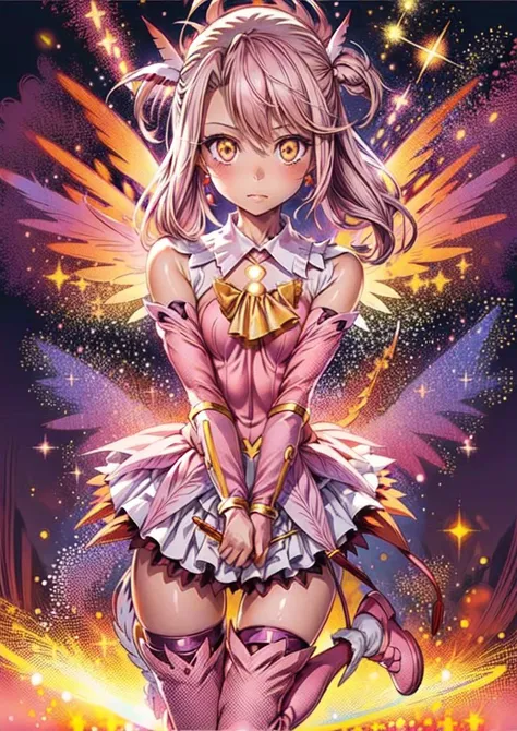 (1girl :1.4), masterpiece,best quality,solo, dschloe, pink hair, side ponytail, yellow eyes, dark-skinned female <lora:dschloe_lc_768:0.7>,,<lora:GoodHands-beta2:1.3><lora:illya22outfits:0.7>((PrismaIllya, Magical Girl Default):1.2),tokyo street, light bub ,lamp