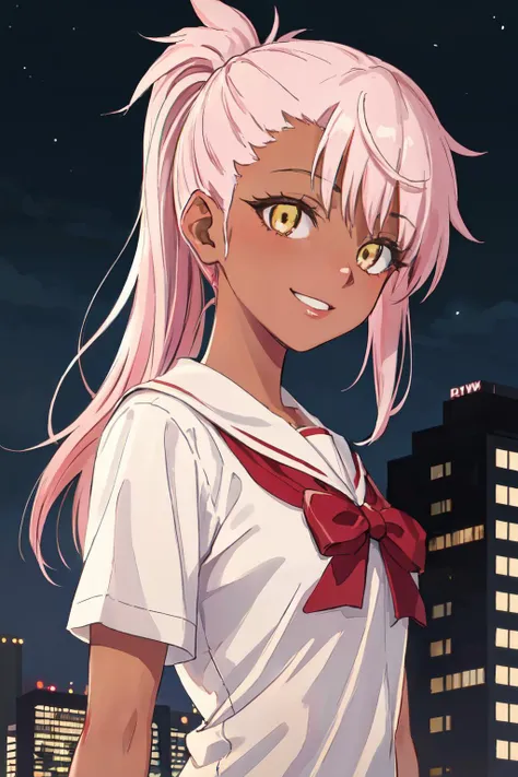 chloebase,dschloe <lyco:dschloe_lc_768:1.1>
pink hair, long hair, side ponytail, yellow eyes, dark skin, dark-skinned female, school uniform,
(best quality, masterpiece, RAW photo,ultra-detailed:1.2), <lyco:GoodHands-beta2:1.0>,1girl,solo,looking at viewer,smile,
from below,front view, night city,