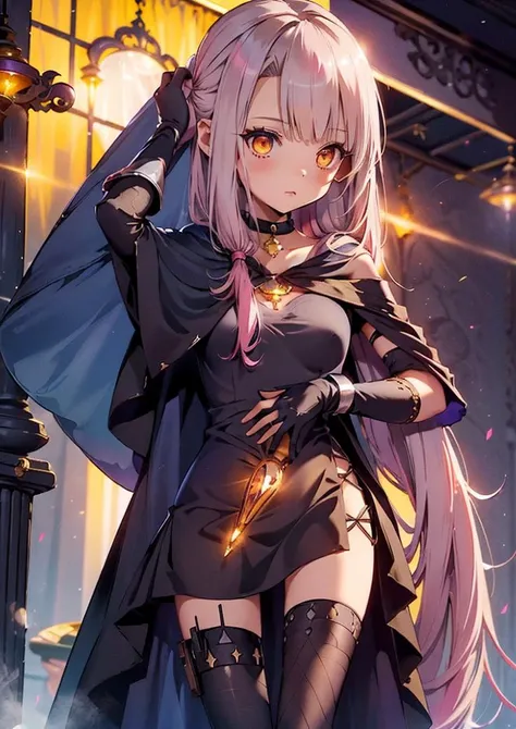 (1girl :1.4), masterpiece,best quality,solo, dschloe, pink hair, side ponytail, yellow eyes, dark-skinned female <lyco:dschloe_lc_768:0.7>,,<lora:GoodHands-beta2:1.3><lora:illya22outfits:0.7>((CasterInstall, Medea's Dress):1.2), indoor,