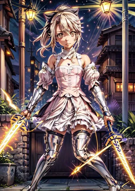 (1girl :1.4), masterpiece,best quality,solo, dschloe, pink hair, side ponytail, yellow eyes, dark-skinned female <lora:dschloe_lc_768:0.7>,,<lora:GoodHands-beta2:1.3><lora:illya22outfits:0.7>((SaberInstall, Saber Lily Outfit):1.2),tokyo street, light bub ,lamp