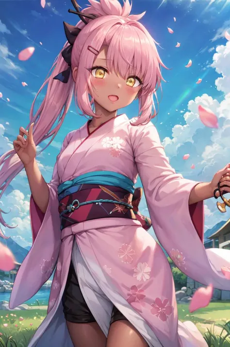 dschloe, pink hair, hair bun, hairpin, yellow eyes, dark-skinned female, yukata, (dark skin, dark-skinned female:1.7), unlimited blade works, happy, sunny day, outside, grass, flowers, cherry blossoms, falling petals
BREAK ponytail, very long hair
BREAK chiaroscuro, subsurface scattering, flames
BREAK god rays
<lyco:dschloe_lc_768:1> <lora:sayika:1>