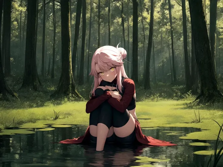 masterpiece, best quality, 1girl, solo, chloebase, pink hair, long hair, hair bun, hairpin, yellow eyes, long sleeves, stomach tattoo, dark-skinned female, midriff, waist cape, hugging own legs, Boggy Swamp,Thick marsh with patches of stagnant water, twisted trees, decaying vegetation, murky atmosphere, atmospheric perspective
<lyco:dschloe_lc:1>