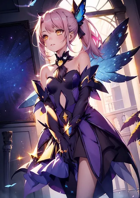(1girl :1.4), masterpiece,best quality,solo, dschloe, pink hair, side ponytail, yellow eyes, dark-skinned female <lyco:dschloe_lc_768:0.7>,,<lora:GoodHands-beta2:1.3><lora:illya22outfits:0.7>((SapphireForm, Magical Sapphire Dress):1.2), indoor,
