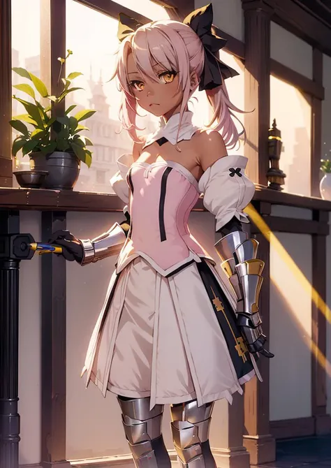 (1girl :1.4), masterpiece,best quality,solo, dschloe, pink hair, side ponytail, yellow eyes, dark-skinned female <lyco:dschloe_lc_768:0.7>,,<lora:GoodHands-beta2:1.3><lora:illya22outfits:0.7>((SaberInstall, Saber Lily Outfit):1.2), indoor,
