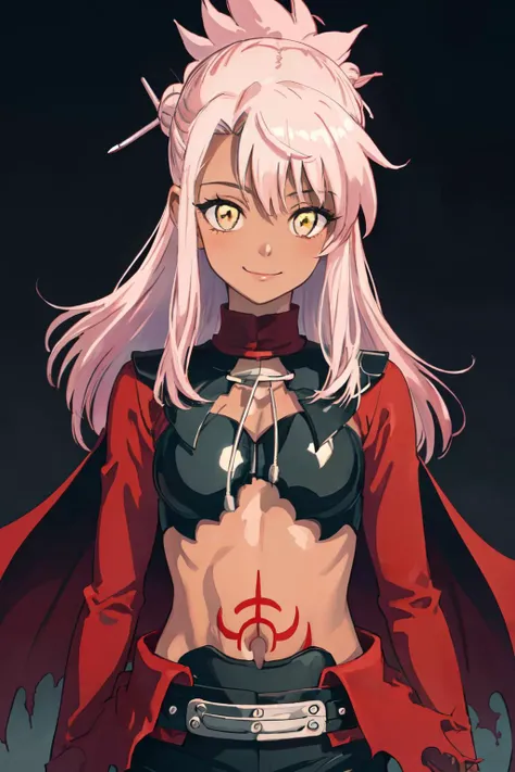 chloebase,dschloe <lyco:dschloe_lc_768:1.3>
pink hair, long hair, hair bun, hairpin, yellow eyes, dark skin, dark-skinned female, long sleeves, stomach tattoo, midriff, waist cape,
(best quality, masterpiece, RAW photo,ultra-detailed:1.2), <lyco:GoodHands-beta2:1.0>,1girl,solo,looking at viewer,smile