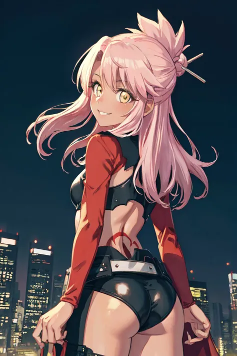 chloebase,dschloe <lyco:dschloe_lc_768:1.2>
pink hair, long hair, hair bun, hairpin, yellow eyes, dark skin, dark-skinned female, long sleeves, stomach tattoo, midriff, waist cape,
(best quality, masterpiece, RAW photo,ultra-detailed:1.2), <lyco:GoodHands-beta2:1.0>,1girl,solo,looking at viewer,smile,
from behind, night city,ass,from below,
