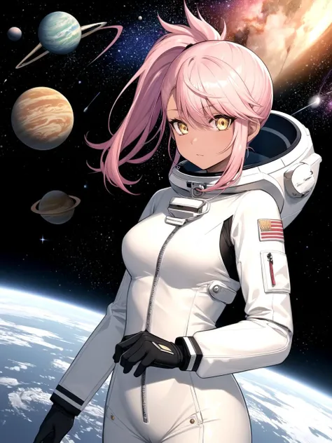 masterpiece, best quality, 1girl, solo, dschloe, pink hair, side ponytail, yellow eyes, dark-skinned female, spacesuit, gloves, space, stars, planets, detailed background
<lyco:dschloe_lc_768:1>