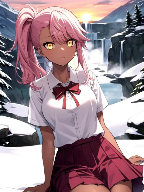 masterpiece, best quality, 1girl, solo, dschloe, pink hair, side ponytail, yellow eyes, dark-skinned female, homurahara academy school uniform, white collared shirt, red ribbon, pleated skirt, school uniform, waterfall, mountain, snow, sunset, misty, majestic, colorful, detailed background
<lyco:dschloe_lc_768:1>