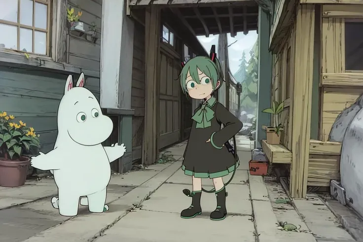 multiple, (hatsune miku:1.1), snufkin, moomin, 1girl, 1boy, littlemy,